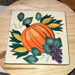 Festive Pumpkin and Corn Ceramic Tile Decor Hand Painted 6” Squared